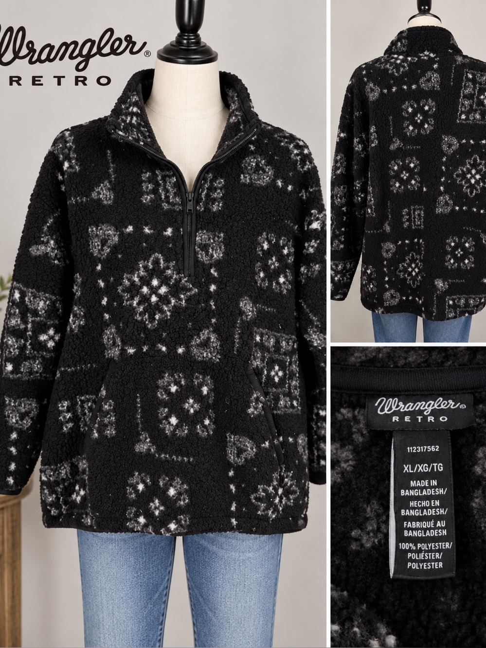 Wrangler Retro Women’s Sherpa Fleece Pullover Black Floral Print XL